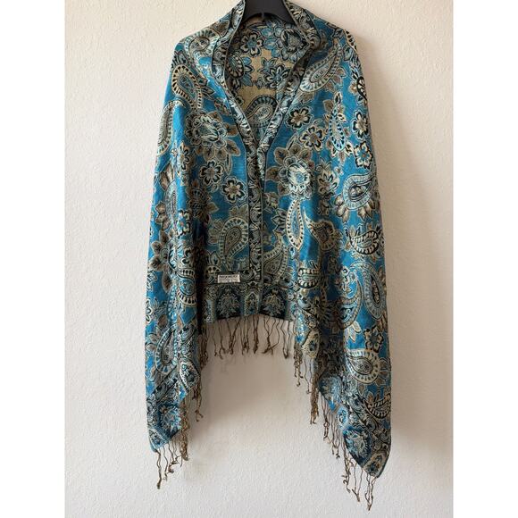Blue Gold Reversible Silk Blend Shimmery Paisley Pashmina Scarf Shawl 69x27” - Picture 1 of 8